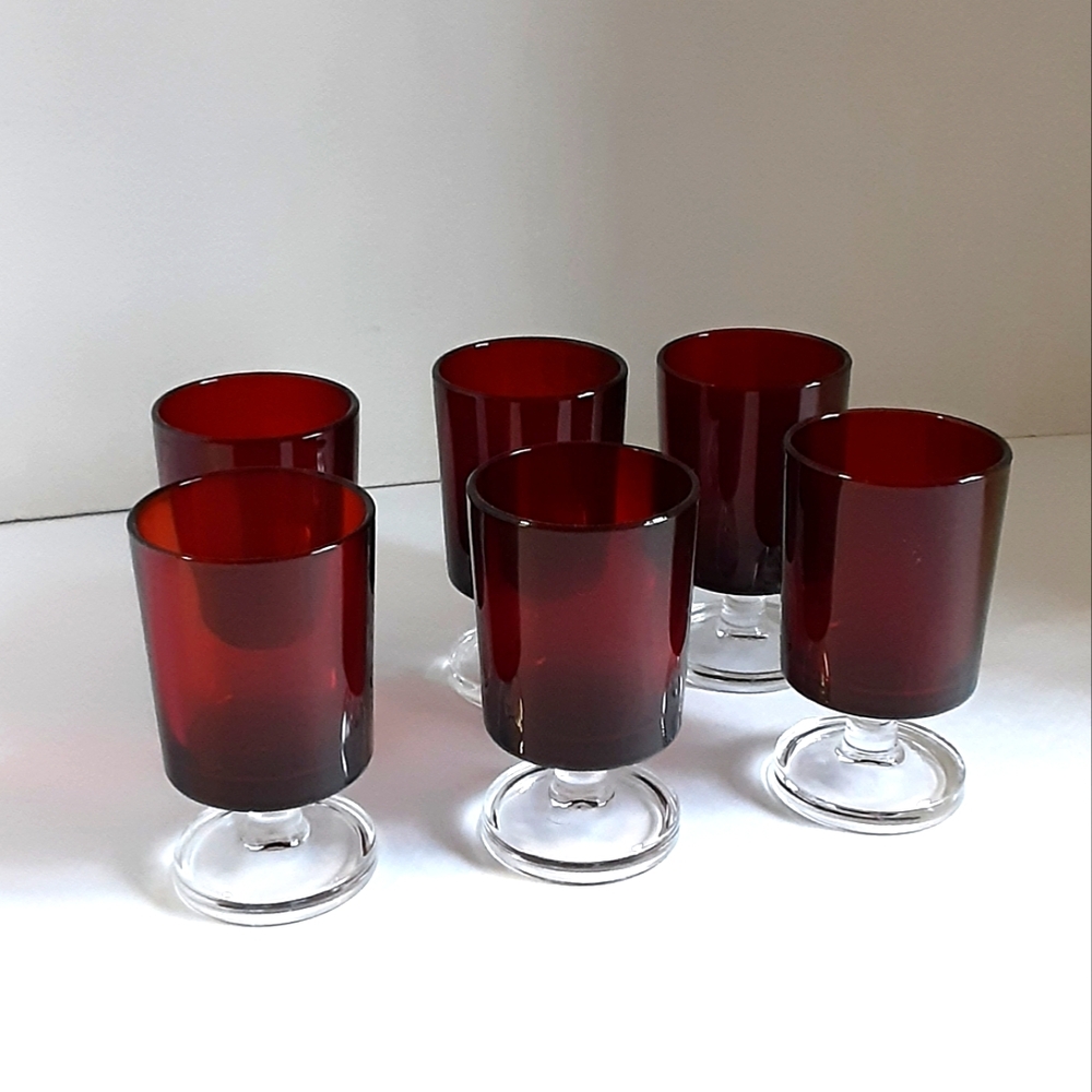 6 Wine or Sherry Goblets Luminarc France Vintage Ruby Red Glasses Clear Stems